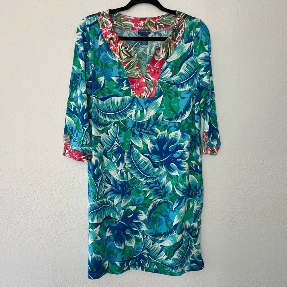 Caribbean Joe Blue Tropical Slinky Sheath Dress Women’s Size Medium 3/4 Sleeve - Picture 1 of 7
